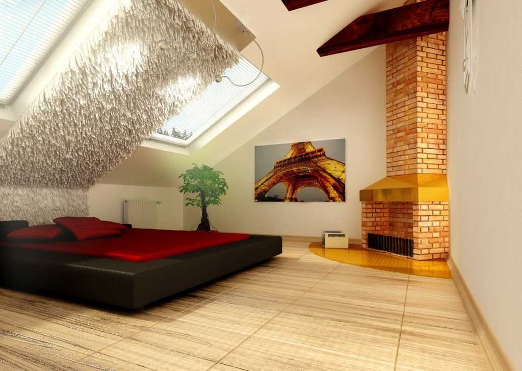 Дизайн потолка в спальне: фото скошенного натяжного потолка в современном стиле