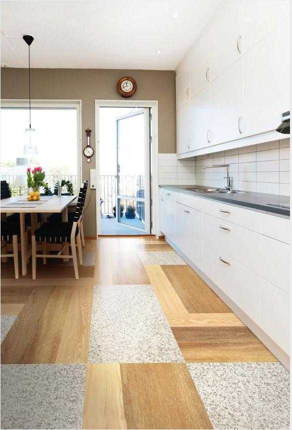 Комбинированный пол на кухне из плитки и ламината: фото в интерьере